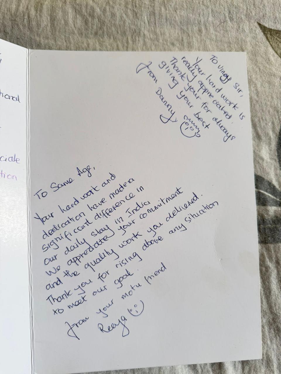 A handwritten thank-you note from a grateful patient's family